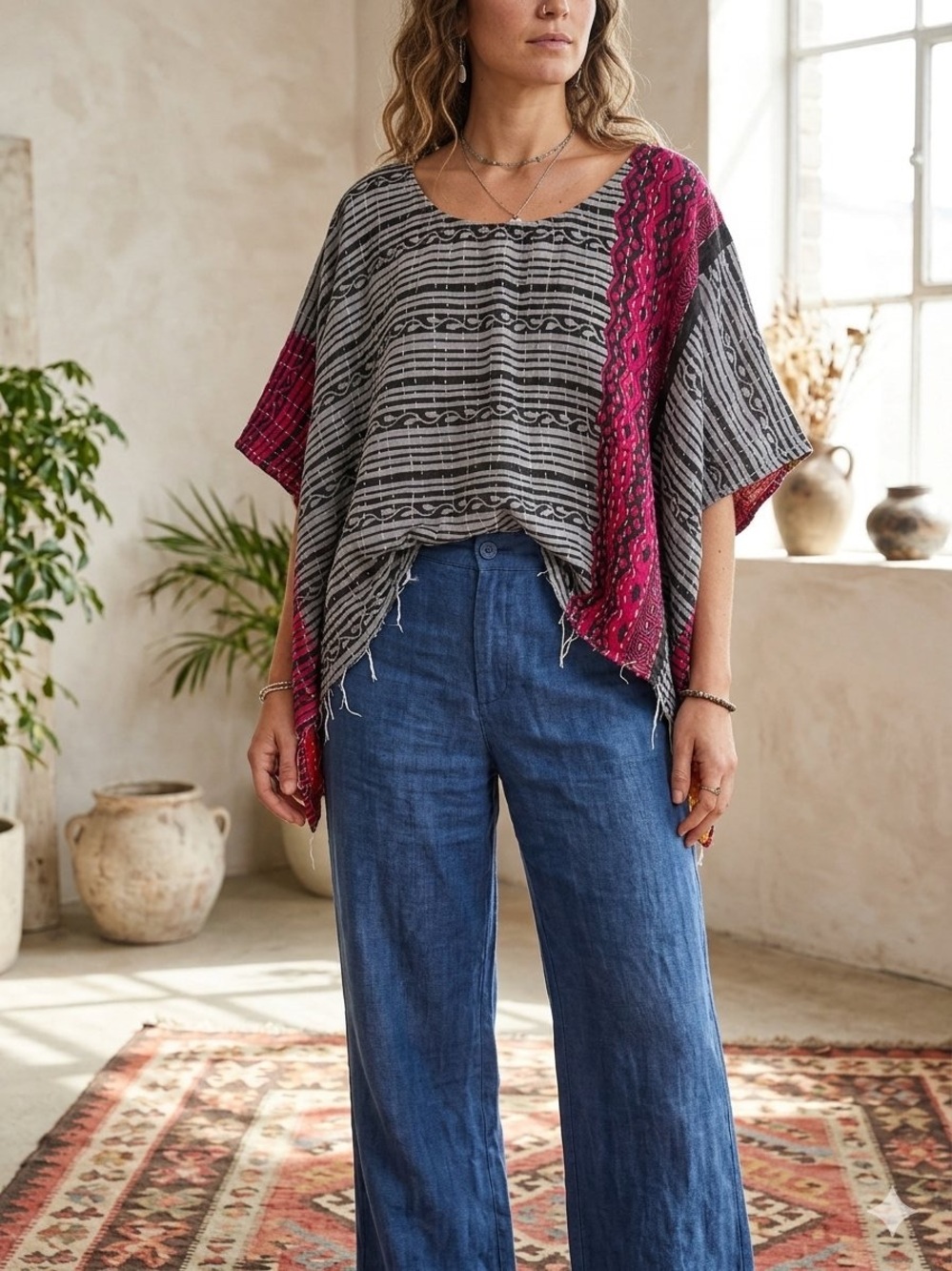 Boho Stripe Patchwork Tunic Top in Gray and Magenta